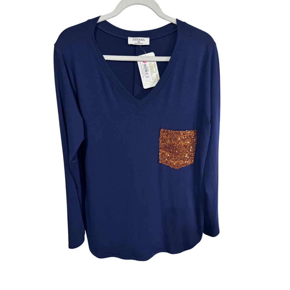 Zenana Women's 1X Navy Blue Long Sleeve V-Neck Sequin Pocket Top New Sparkly